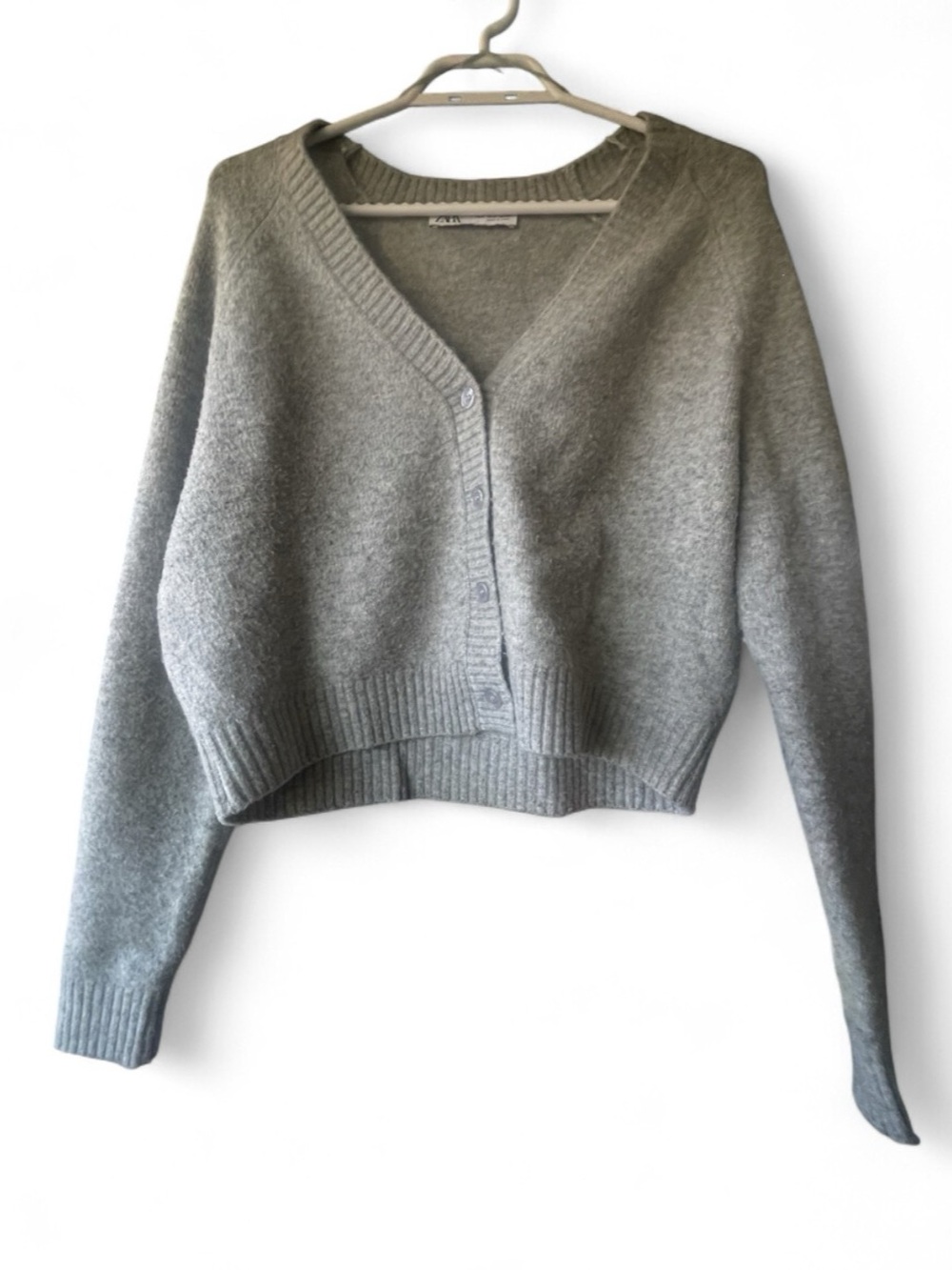 Zara *WOOL Blend* Marled Fuzzy Grey Knit Button Front Crop Cardigan SIZE MEDIUM